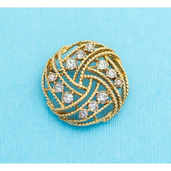 Vintage Unique Spiral Rhinestones Gold Tone Brooch - N1 - Picture 1 of 2